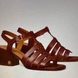 NWOT Tory Burch Fisherman Leather Block Heel Sandals In Burgundy